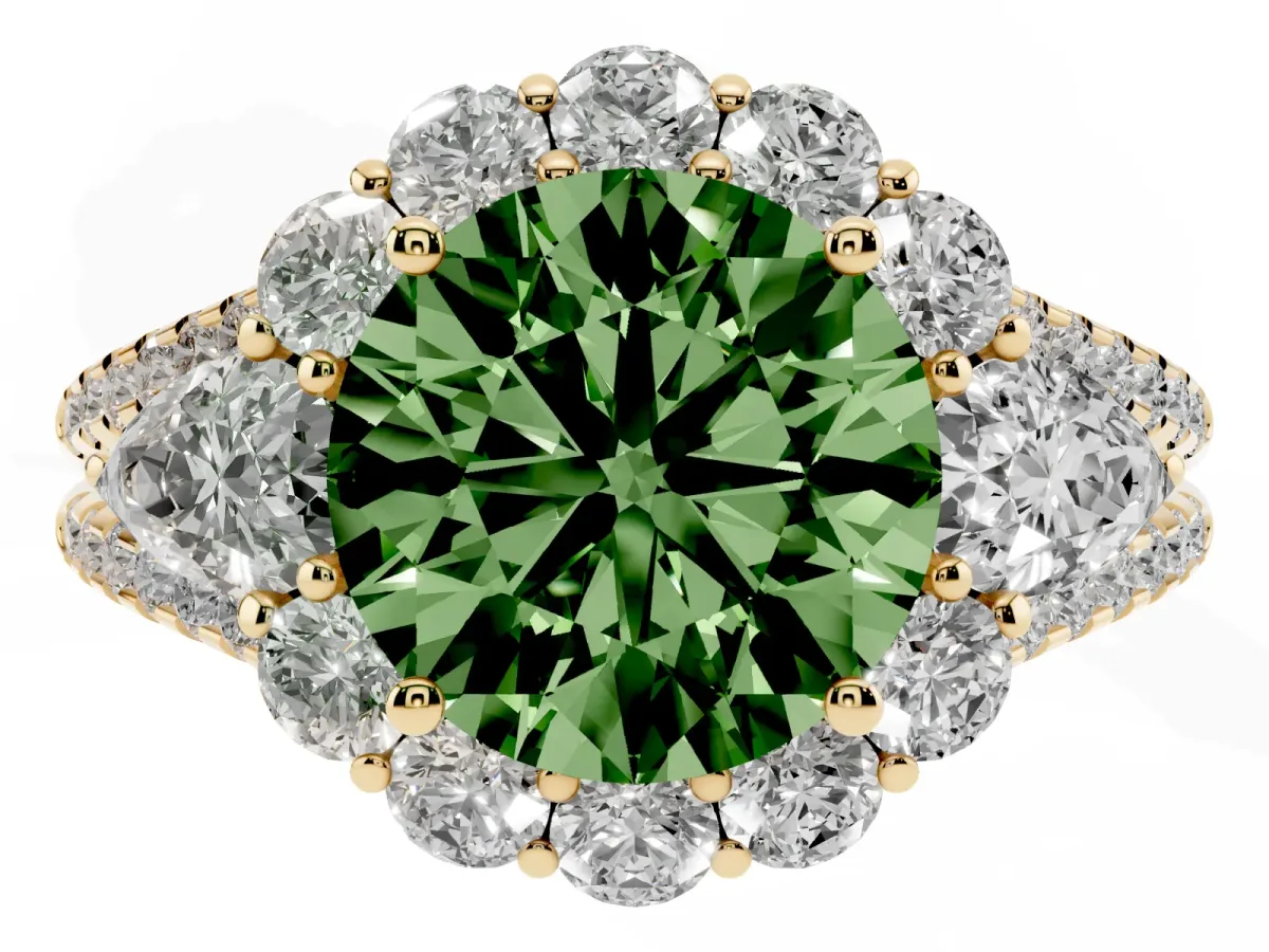 Fancy Green Round Cut Halo Split Shank Diamond Engagement Ring with Prong Setting Yellow gold
