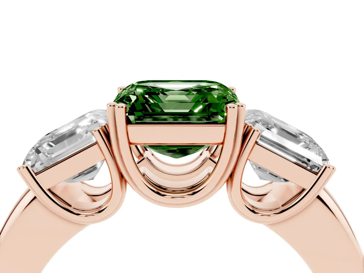 Fancy Green Three-Stone Asscher Cut Cut Diamond Ring with Channel Set Band and Four-Prong Setting Rose gold