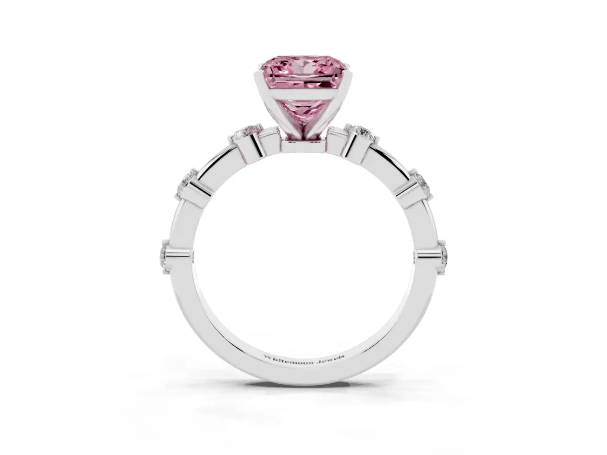 Fancy Pink Princess Cut Solitaire Diamond Ring with Bezel Set Side Stones and Prong Setting Silver