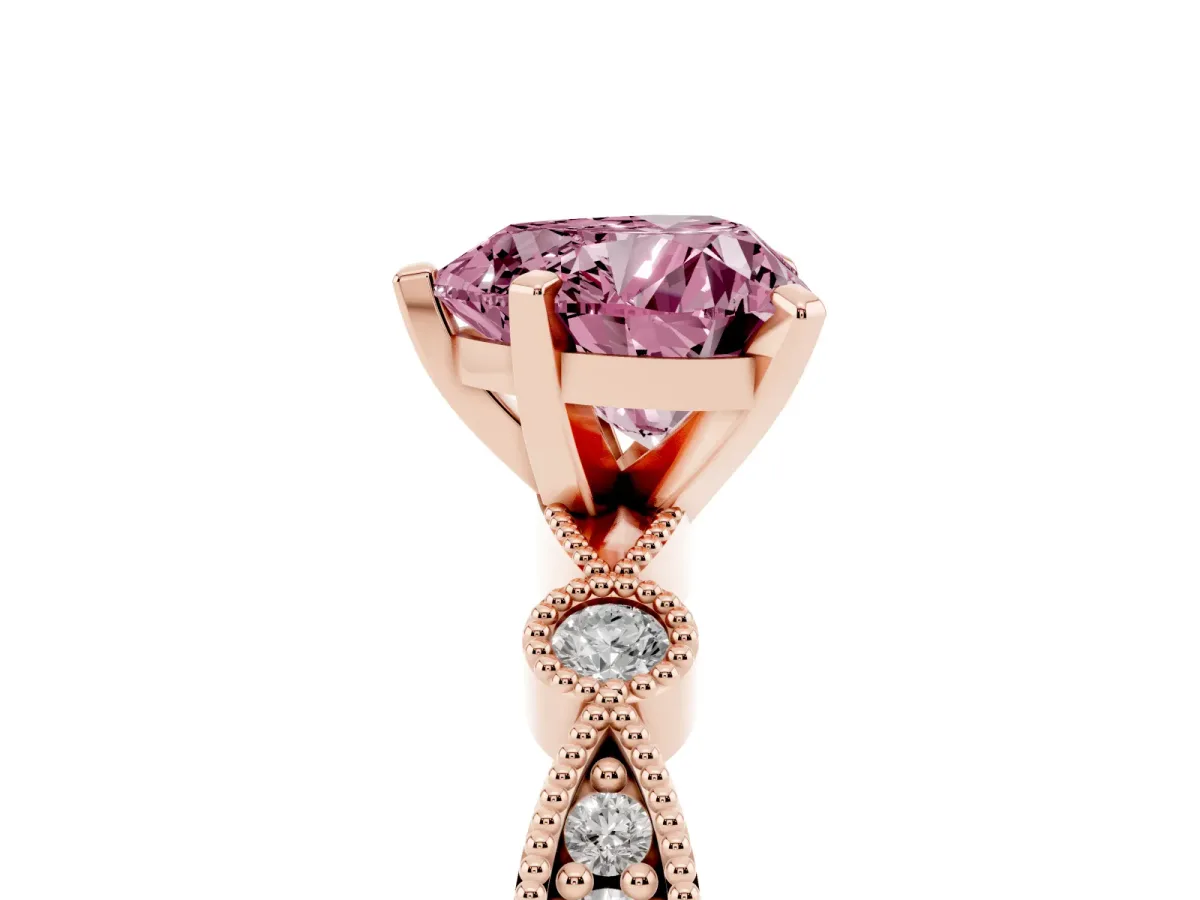 Fancy Pink Heart Cut Milgrain Bezel Diamond Engagement Ring with Solitaire Prong Setting Rose gold