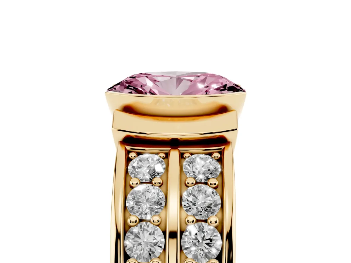Fancy Pink Oval Cut Brilliant Diamond Channel Set Wide Band Ring with Bezel Setting Yellow gold