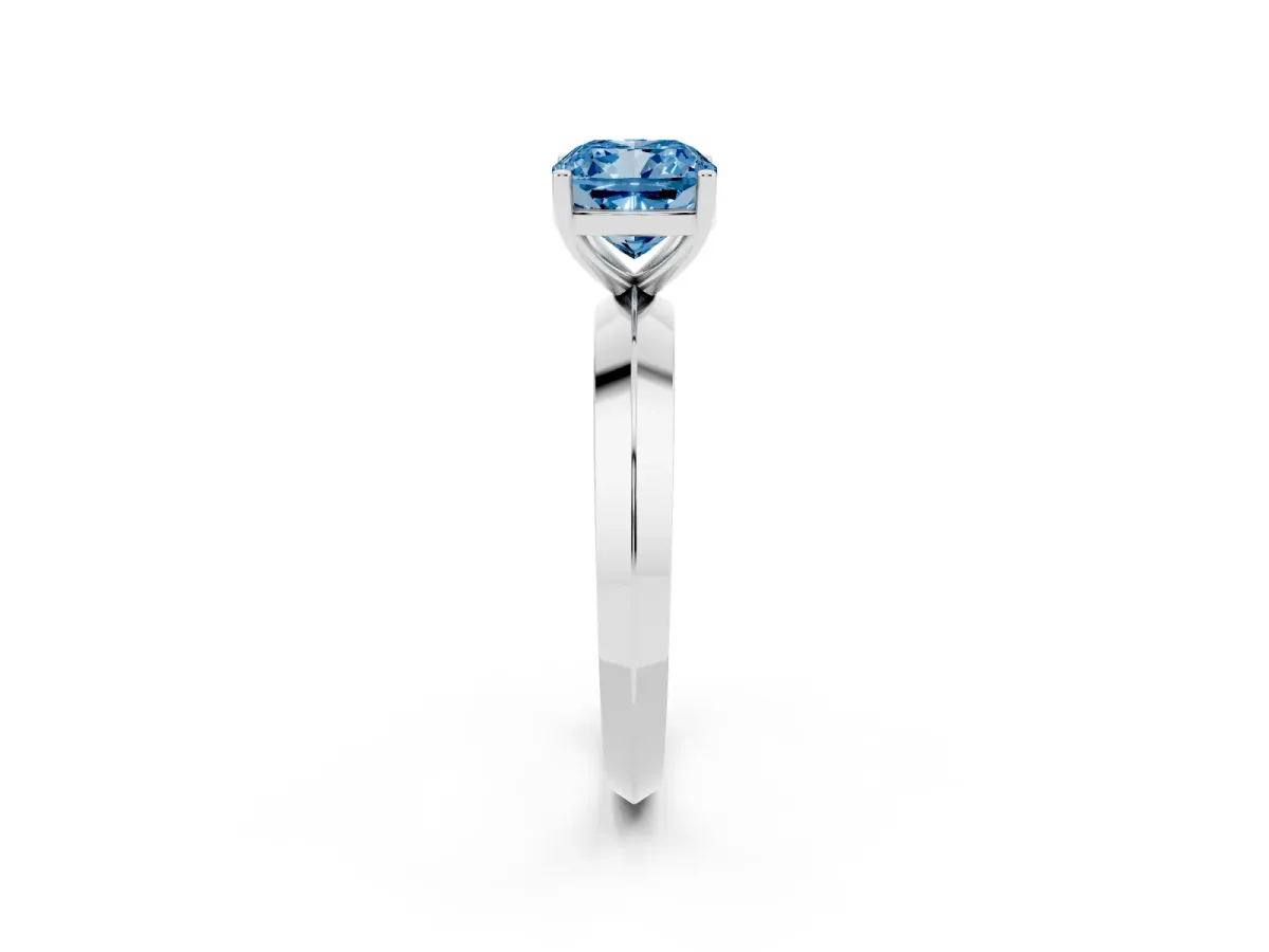 Fancy Blue Cushion Cut Cut Solitaire Engagement Ring with Flat Band and Four-Prong Setting Silver