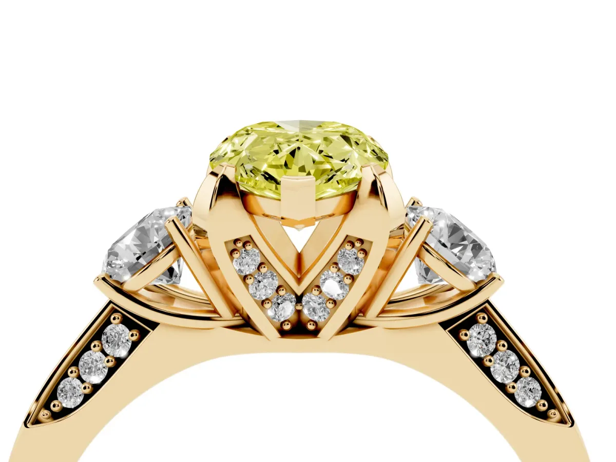 Fancy Yellow Pear Cut Brilliant Three-Stone Diamond Ring with Pavé Band and Four-Prong Setting Yellow gold