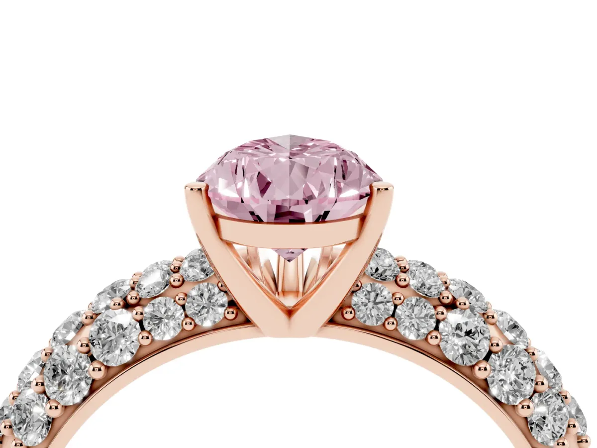 Fancy Pink Pear Cut Diamond Pavé Band Solitaire Ring with Four-Prong Setting Rose gold
