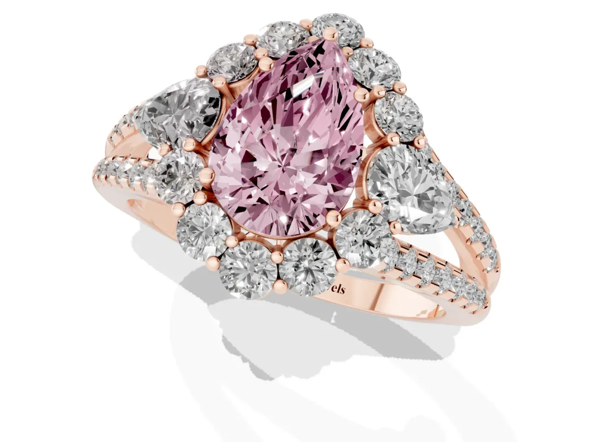Fancy Pink Pear Cut Halo Split Shank Diamond Engagement Ring with Prong Setting Rose gold