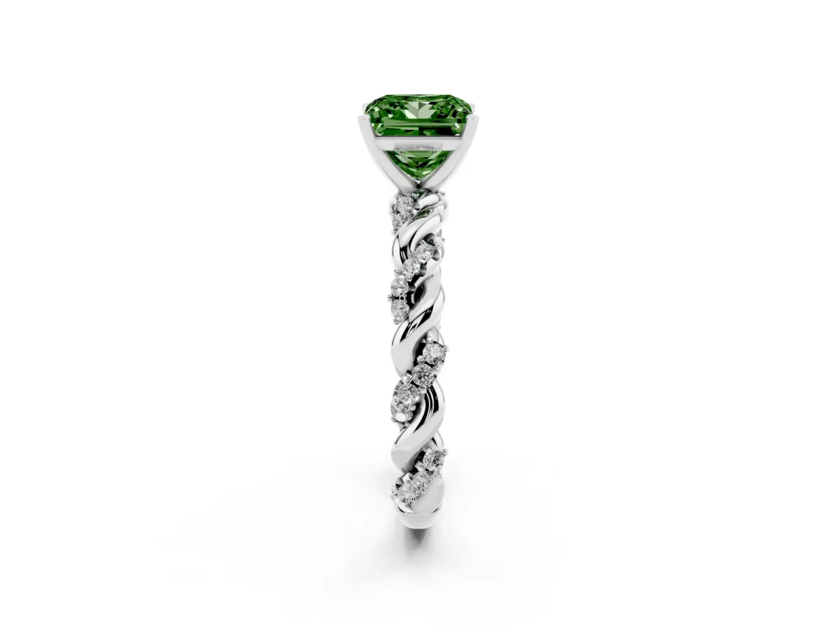 Fancy Green Princess Cut Diamond Solitaire Ring with Twisted Band and Pavé Accents Silver