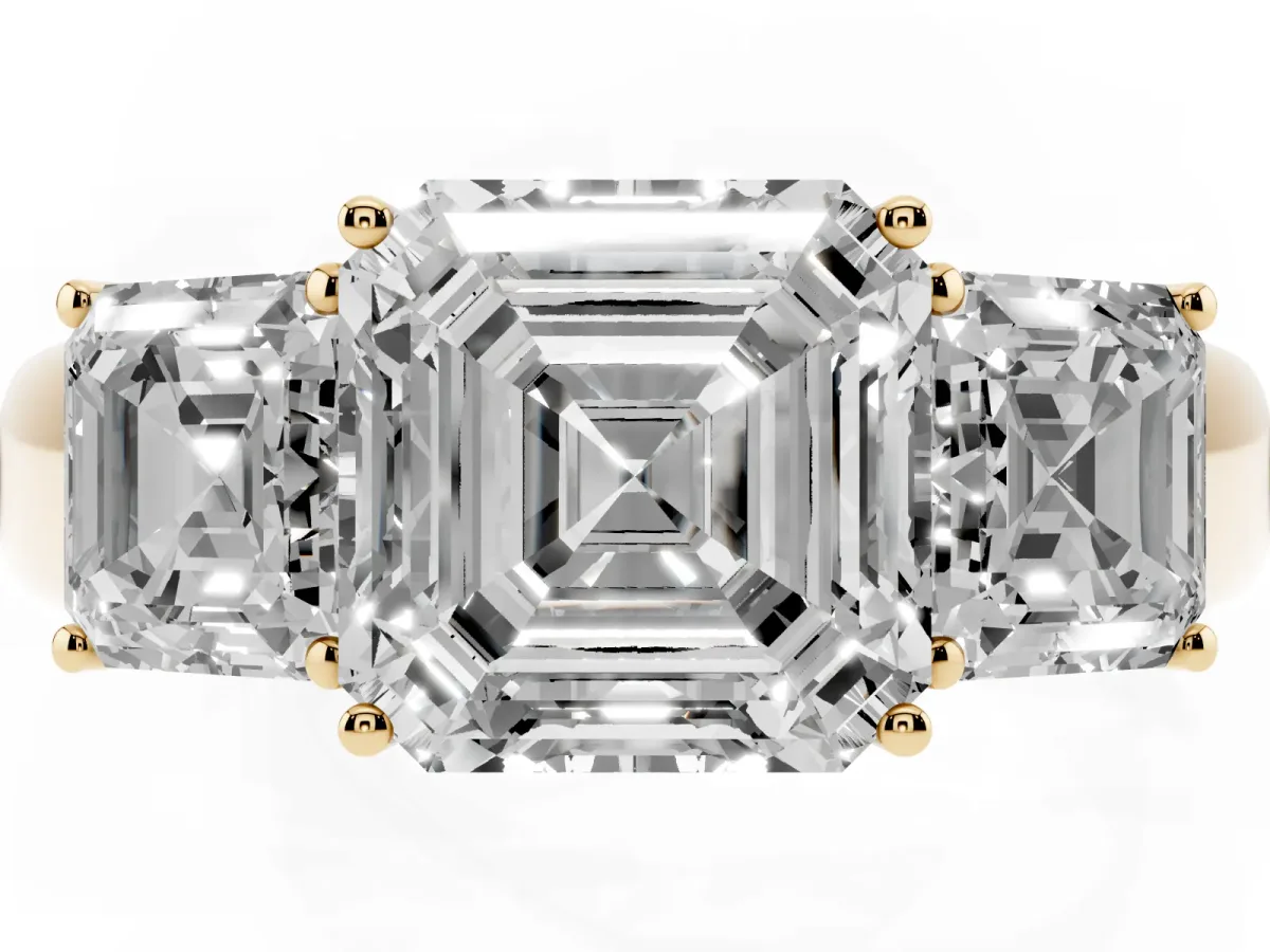 Three-Stone Asscher Cut Cut Diamond Ring with Prong Setting and Classic Band Yellow gold