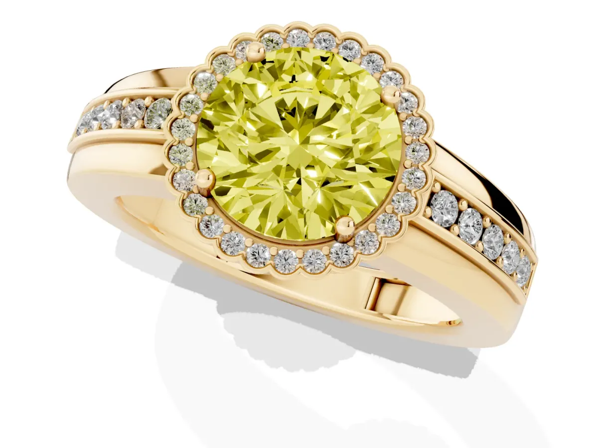 Fancy Yellow Round Cut Cut Halo Pave Band Four-Prong Ring Yellow gold