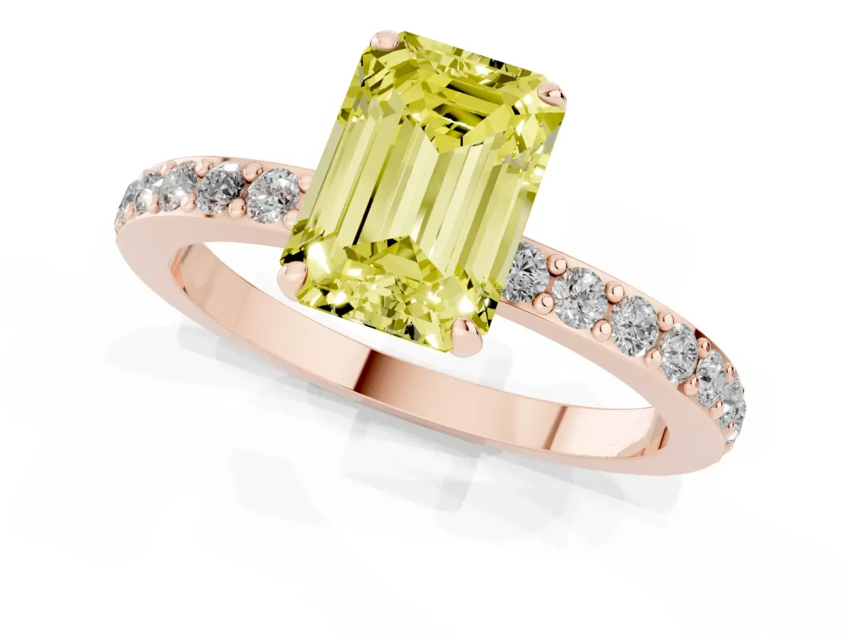 Fancy Yellow Emerald Cut Diamond Solitaire Engagement Ring with Pavé Band and Four-Prong Setting Rose gold