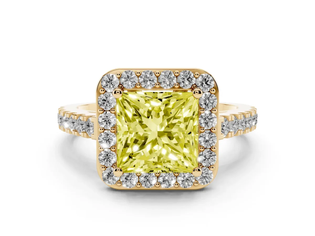 Fancy Yellow Princess Cut Diamond Halo Ring with Round Pavé Split Shank and Prong Setting Yellow gold