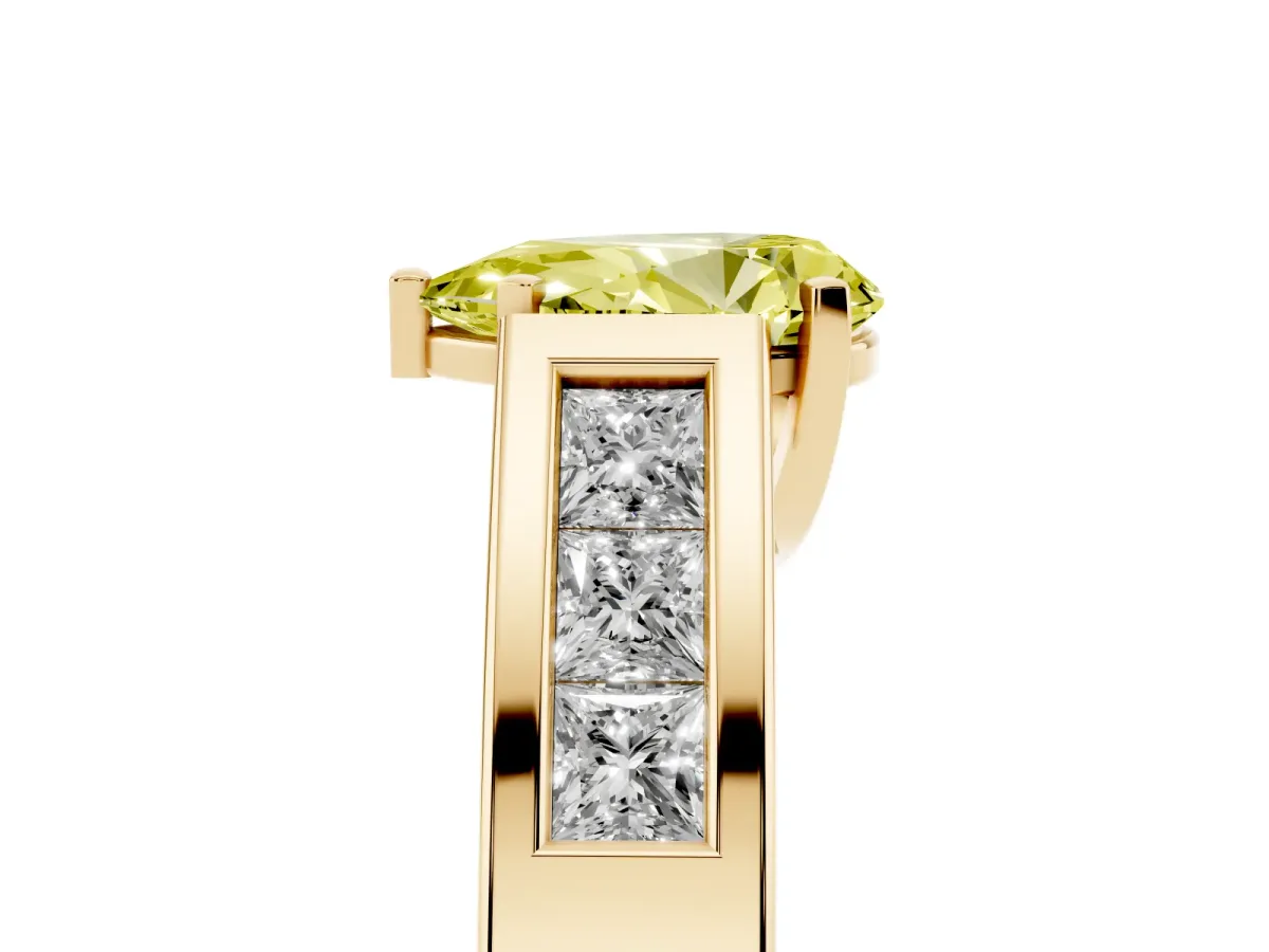 Fancy Yellow Pear Cut Cut Channel Set Solitaire Ring with Four-Prong Setting Yellow gold