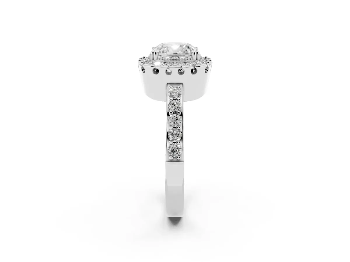 Cushion Cut Diamond Halo Ring with Pavé Band and Prong Setting Silver