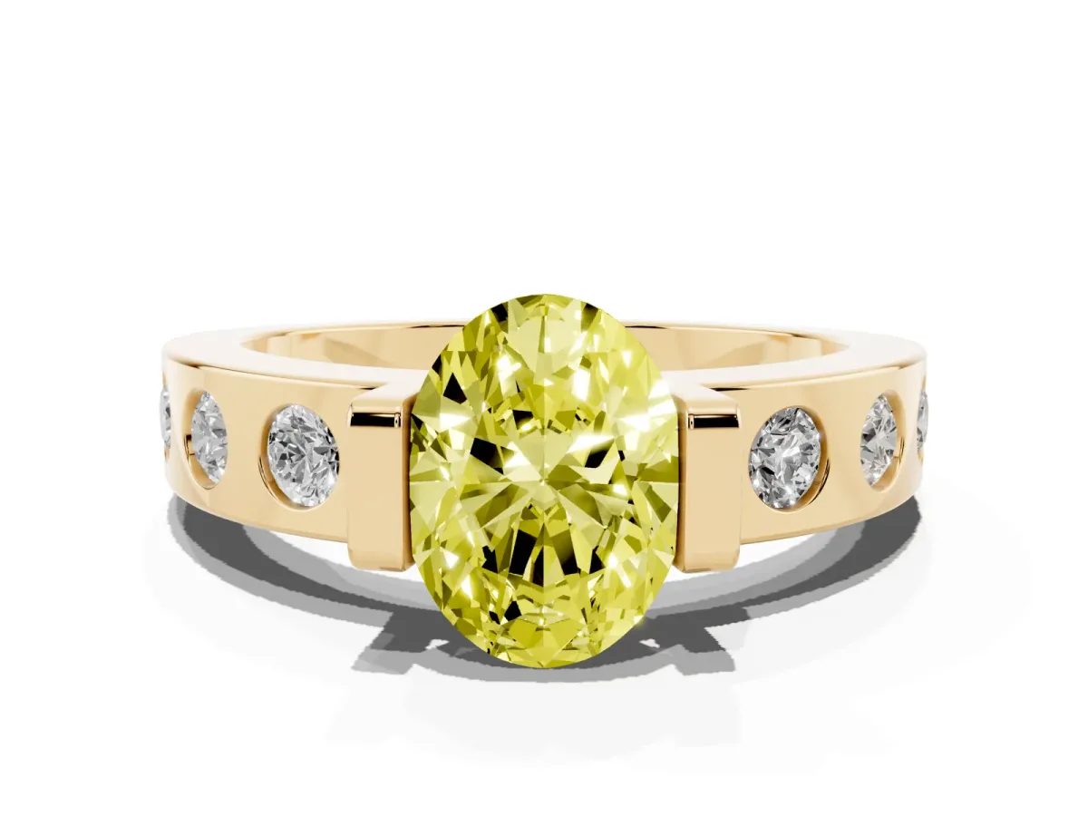 Fancy Yellow Oval Cut Brilliant Channel-Set Diamond Ring with Bezel Prong Setting Yellow gold