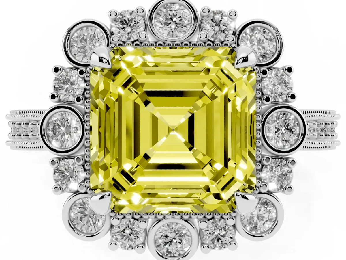 Fancy Yellow Asscher Cut Halo Milgrain Pave Diamond Ring with Four-Prong Setting Silver
