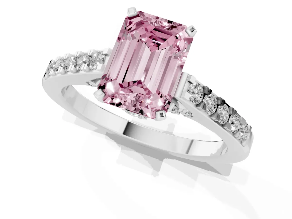 Fancy Pink Emerald Cut Diamond Solitaire Ring with Crossover Gallery and Round Pavé Band Platinum