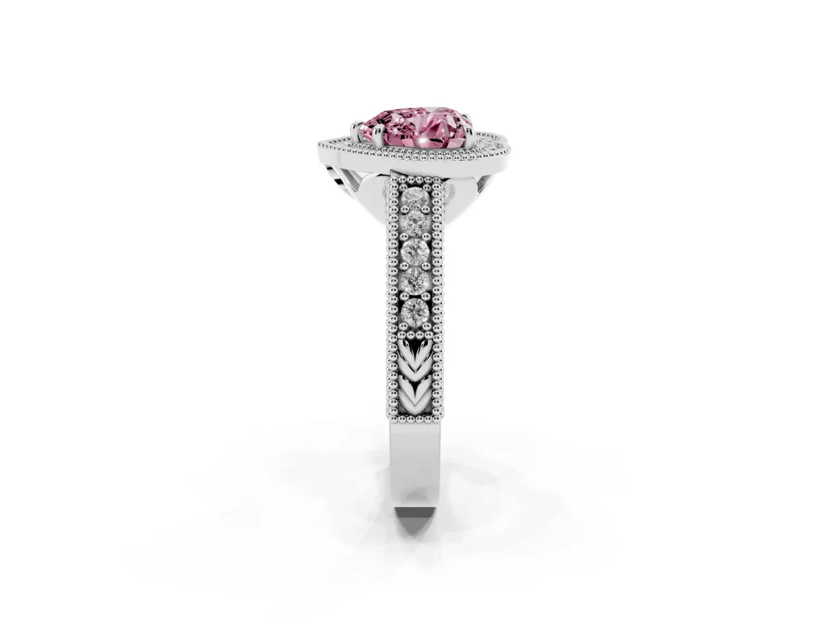 Fancy Pink Heart Cut Cut Halo Diamond Ring with Pavé Band and Four-Prong Setting Platinum