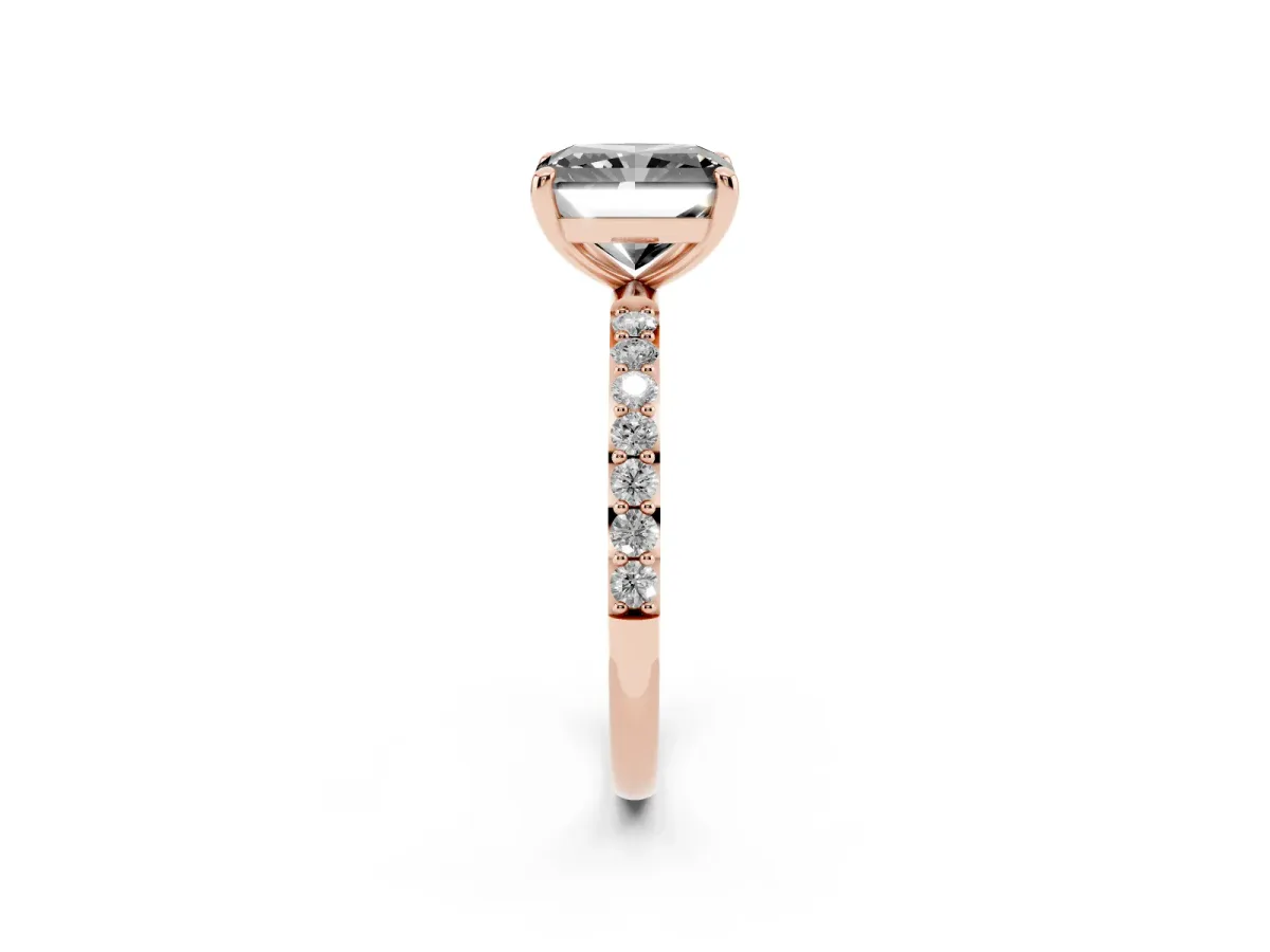 Fancy Black Radiant Cut Diamond Solitaire Ring with Round Pavé Band and Prong Setting Rose gold