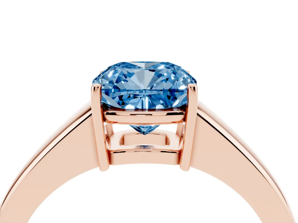 Fancy Blue Cushion Cut Solitaire Diamond Ring with Tapered Band and Four-Prong Setting Rose gold