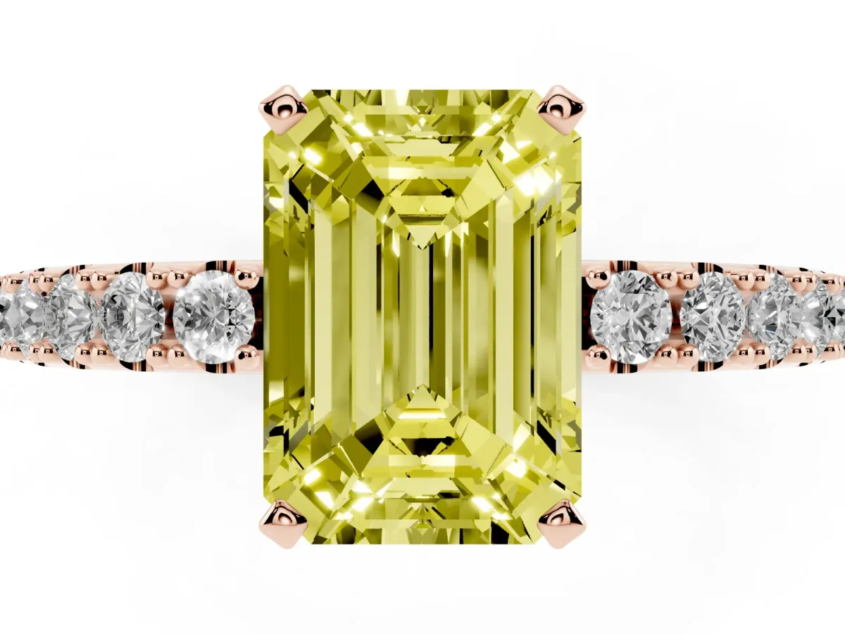 Fancy Yellow Emerald Cut Diamond Solitaire Pavé Band with Four-Prong Setting Rose gold