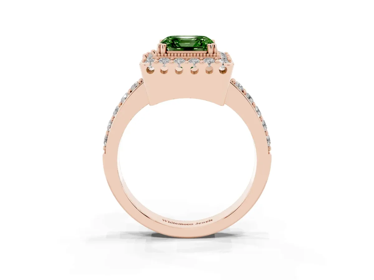 Fancy Green Asscher Cut Diamond Halo Ring with Pavé Band and Prong Setting Rose gold