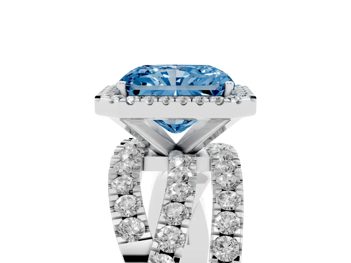Fancy Blue Radiant Cut Diamond Halo Ring with Round Split Shank and Prong Setting Platinum