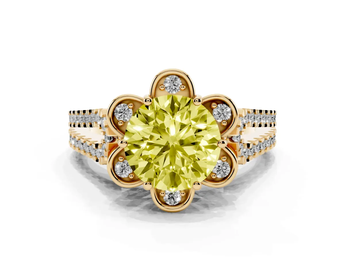 Fancy Yellow Round Cut Halo Diamond Floral Split Shank Engagement Ring Yellow gold