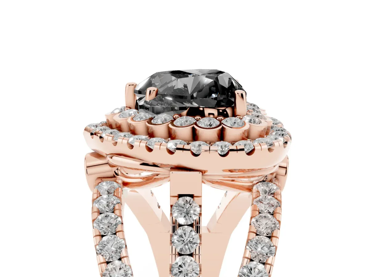 Fancy Black Heart Cut Diamond Double Halo Ring with Round Pavé Split Shank and Prong Setting Rose gold