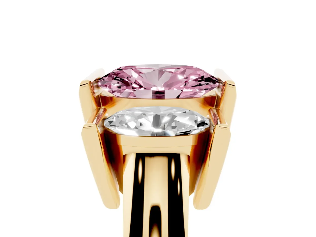 Fancy Pink Three Stone Oval Cut Cut Channel Set Diamond Ring Yellow gold