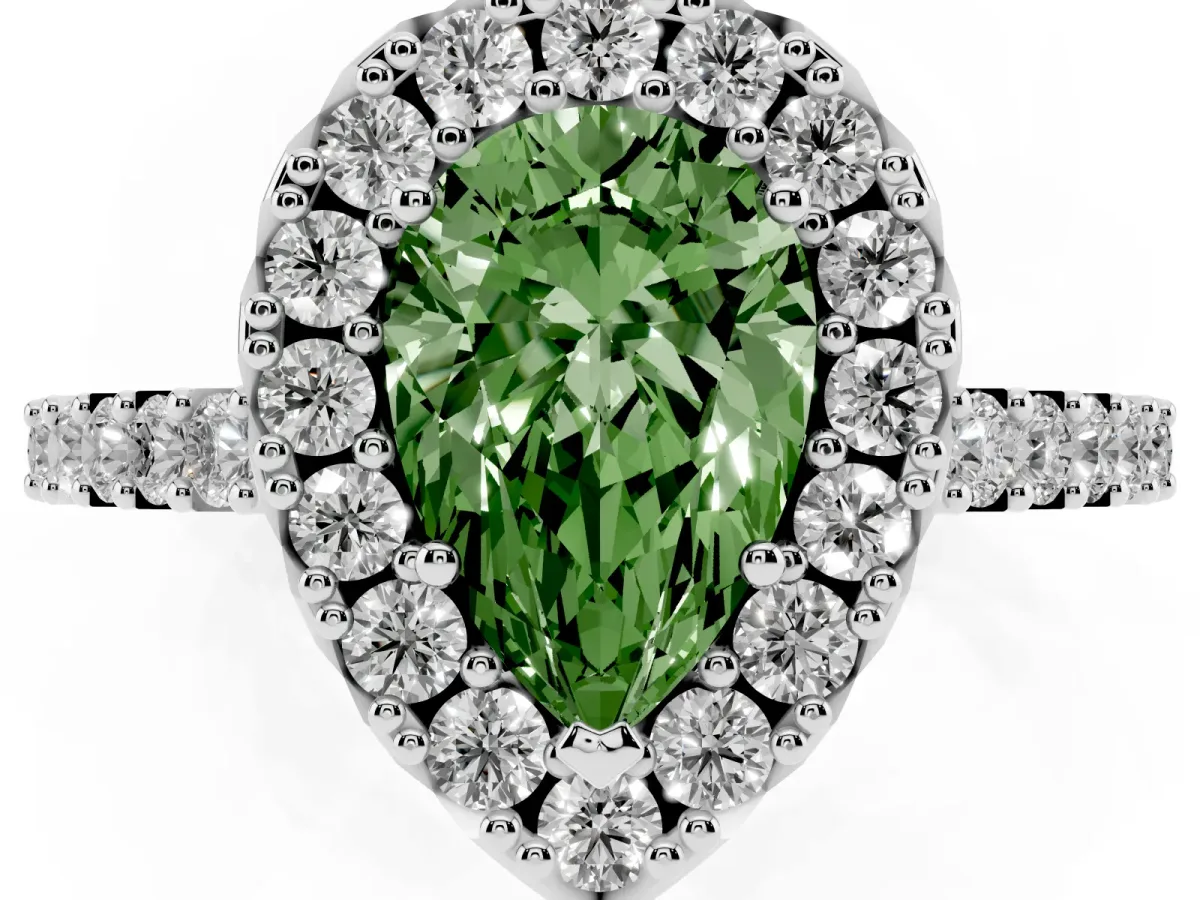 Fancy Green Pear Cut Halo Diamond Pavé Solitaire Ring White gold