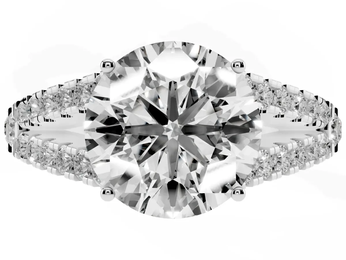 Round Cut Diamond Split Shank Engagement Ring with Round Pavé and Prong Setting Silver