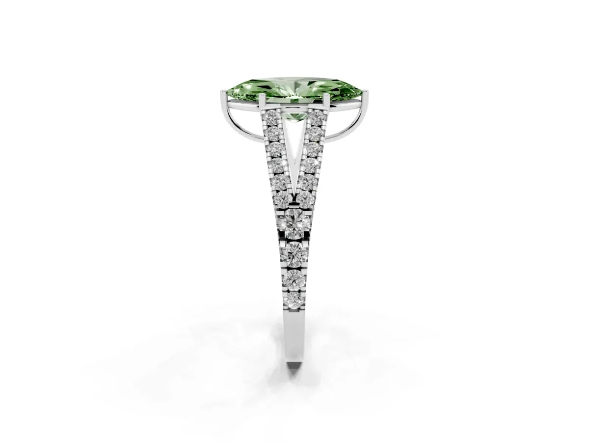 Fancy Green Marquise Cut Diamond Split Shank Engagement Ring with Round Pavé and Prong Setting Silver