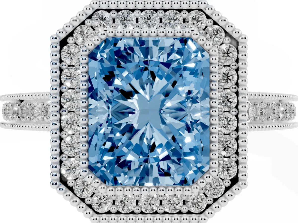 Fancy Blue Radiant Cut Cut Halo Diamond Ring with Pavé Band and Milgrain Prong Setting Platinum