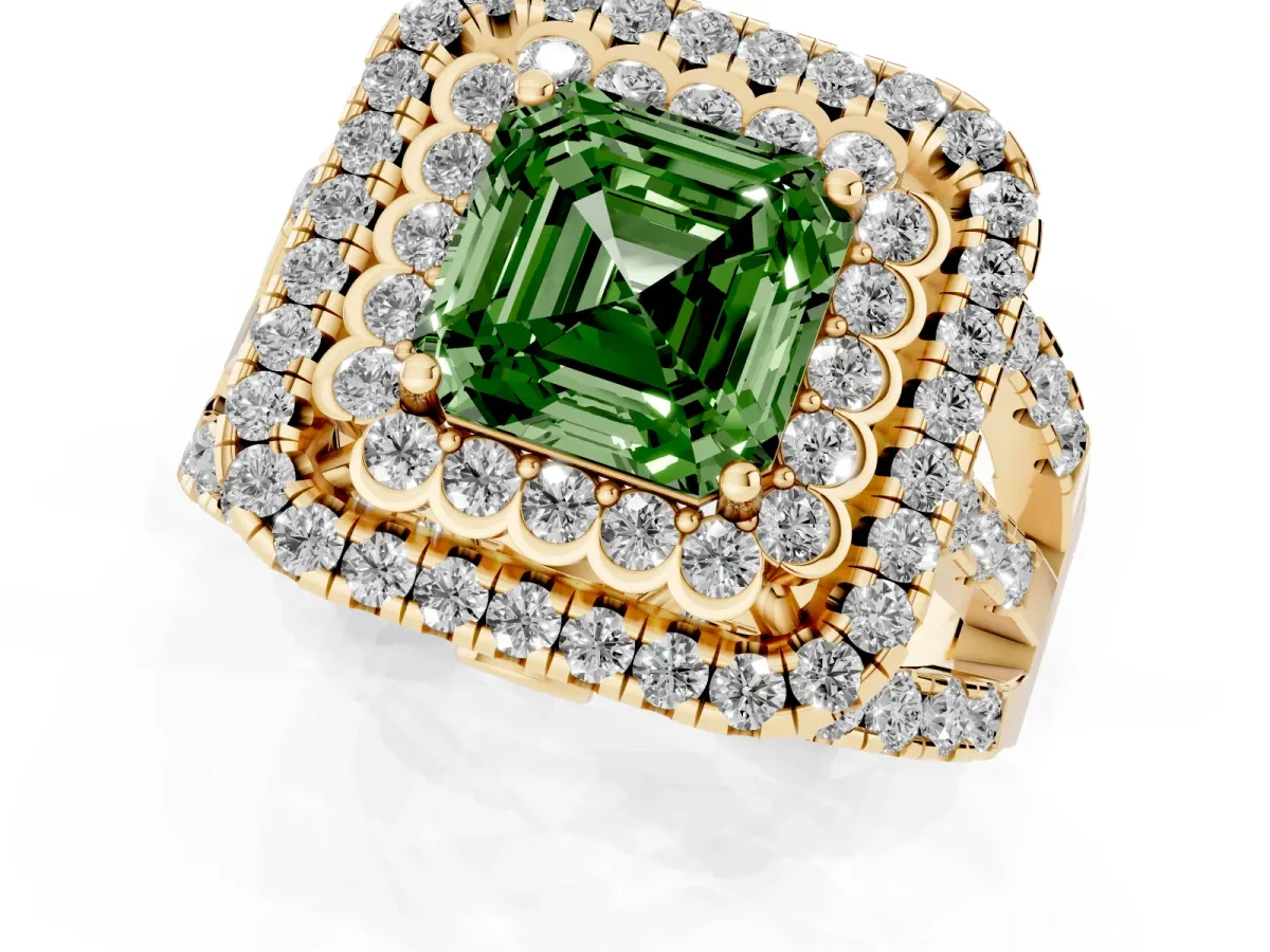 Fancy Green Asscher Cut Diamond Double Halo Ring with Round Pavé Split Shank and Prong Setting Yellow gold