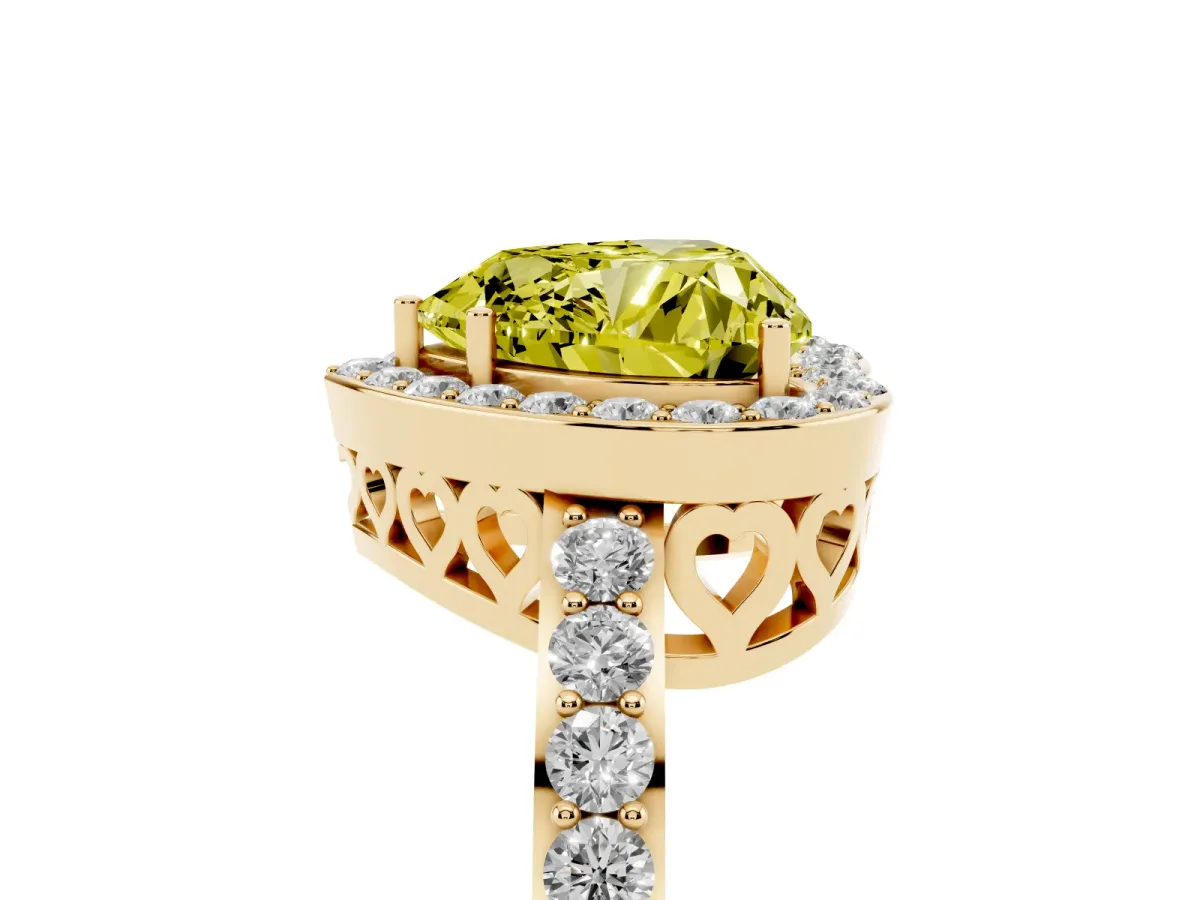 Fancy Yellow Heart Cut Halo Diamond Pavé Band Ring with Prong Setting Yellow gold