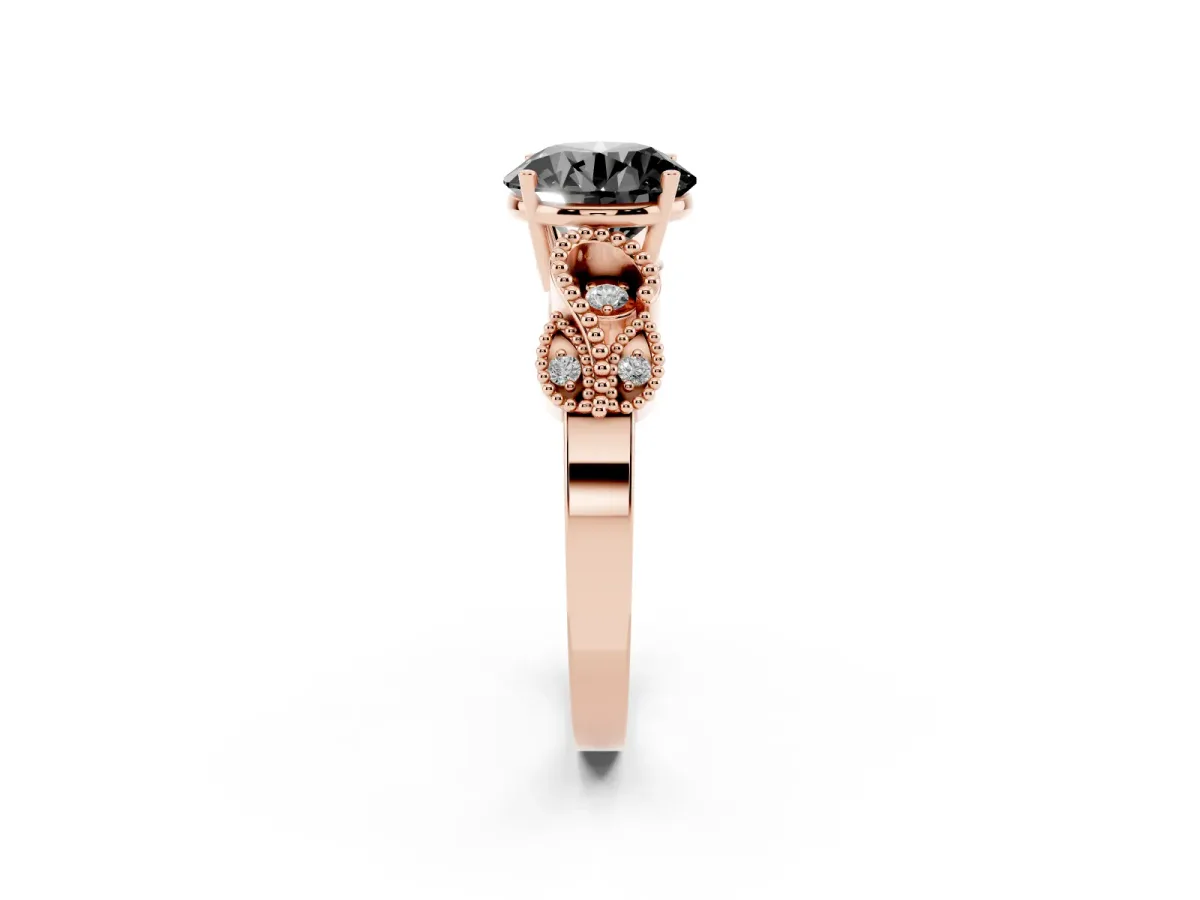 Fancy Black Round Cut Solitaire Milgrain Leaf Band with Prong Setting Rose gold