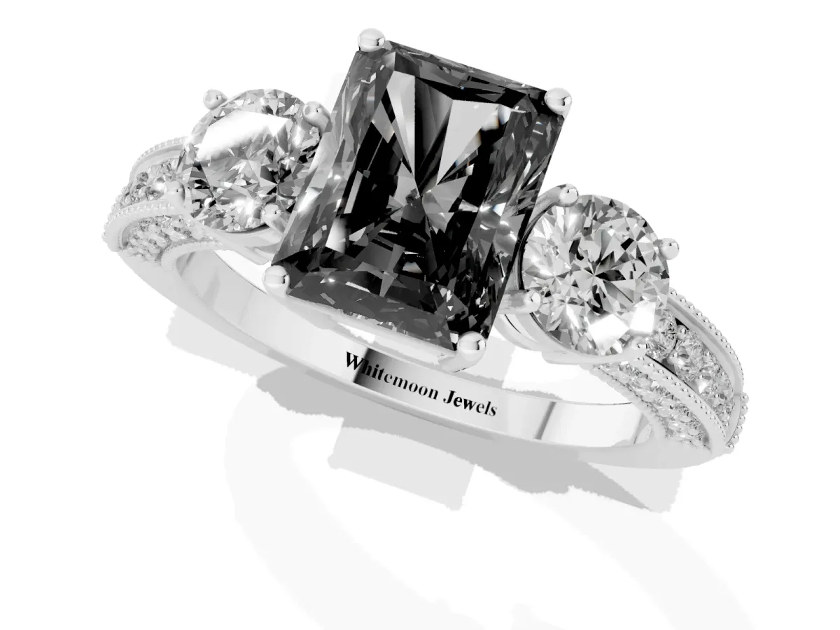 Fancy Black Radiant Cut Three-Stone Diamond Ring with Pavé Band and Four-Prong Setting Silver