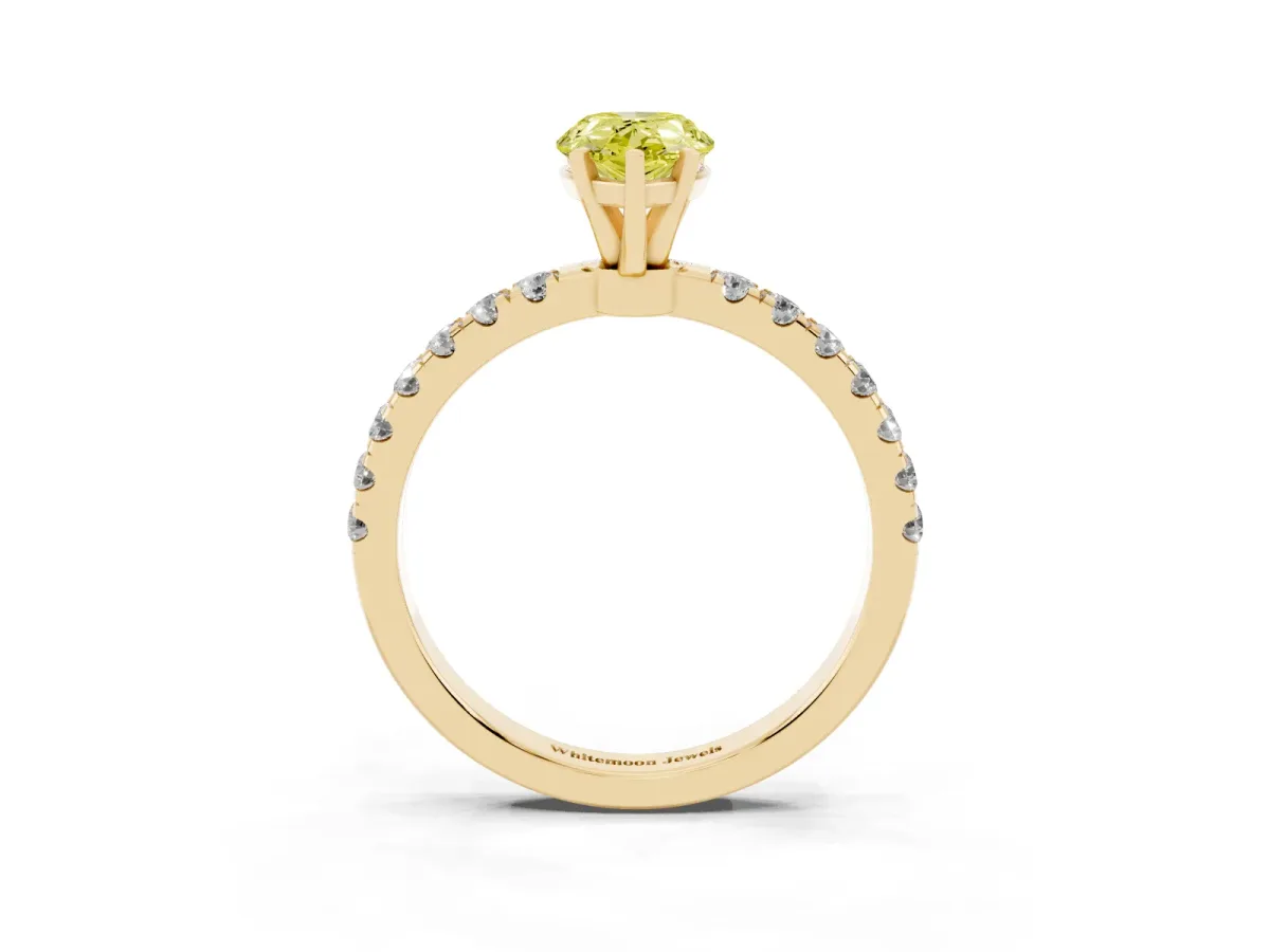 Fancy Yellow Pear Cut Diamond Solitaire Ring with Pavé Accents and Four-Prong Setting Yellow gold