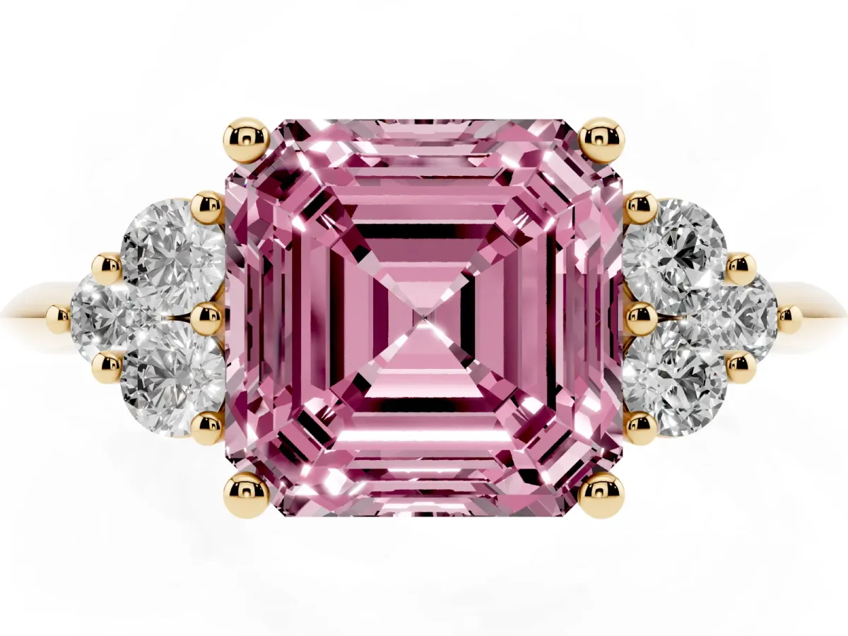 Fancy Pink Asscher Cut Cut Diamond Cluster Ring with Solitaire Band and Four-Prong Setting Yellow gold