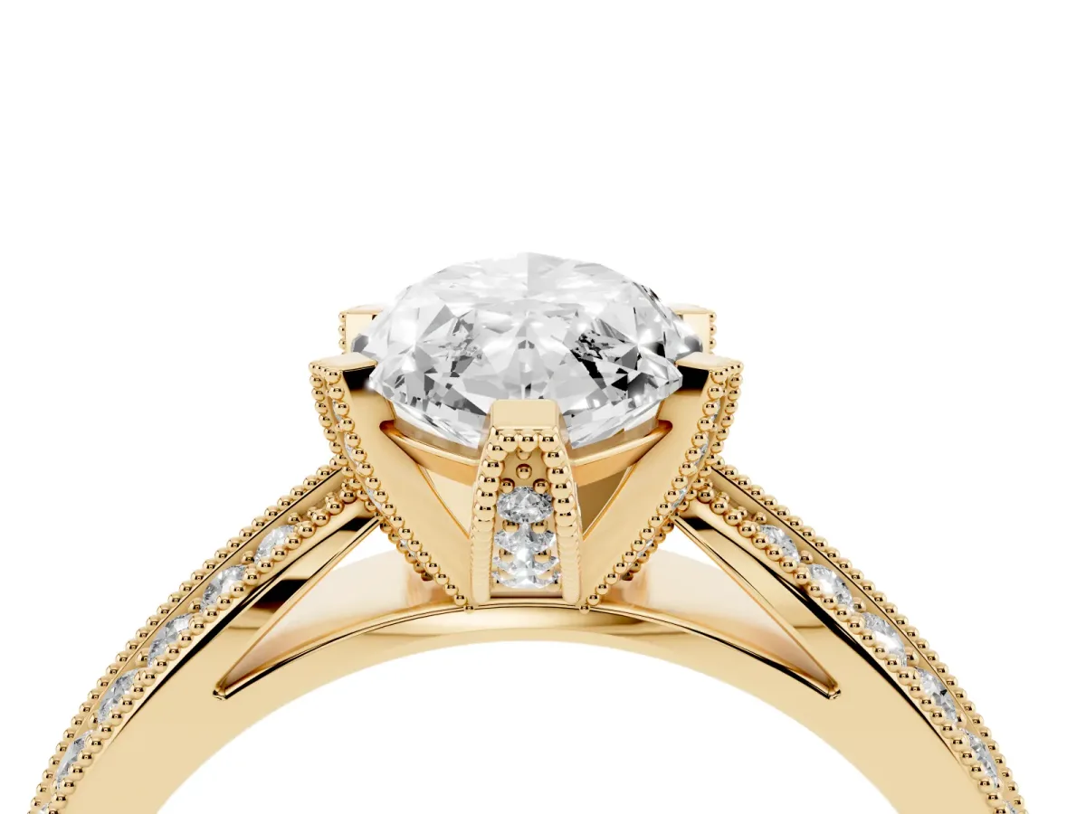 Marquise Cut Diamond Solitaire Ring with Milgrain Round Pavé Band and Prong Setting Yellow gold