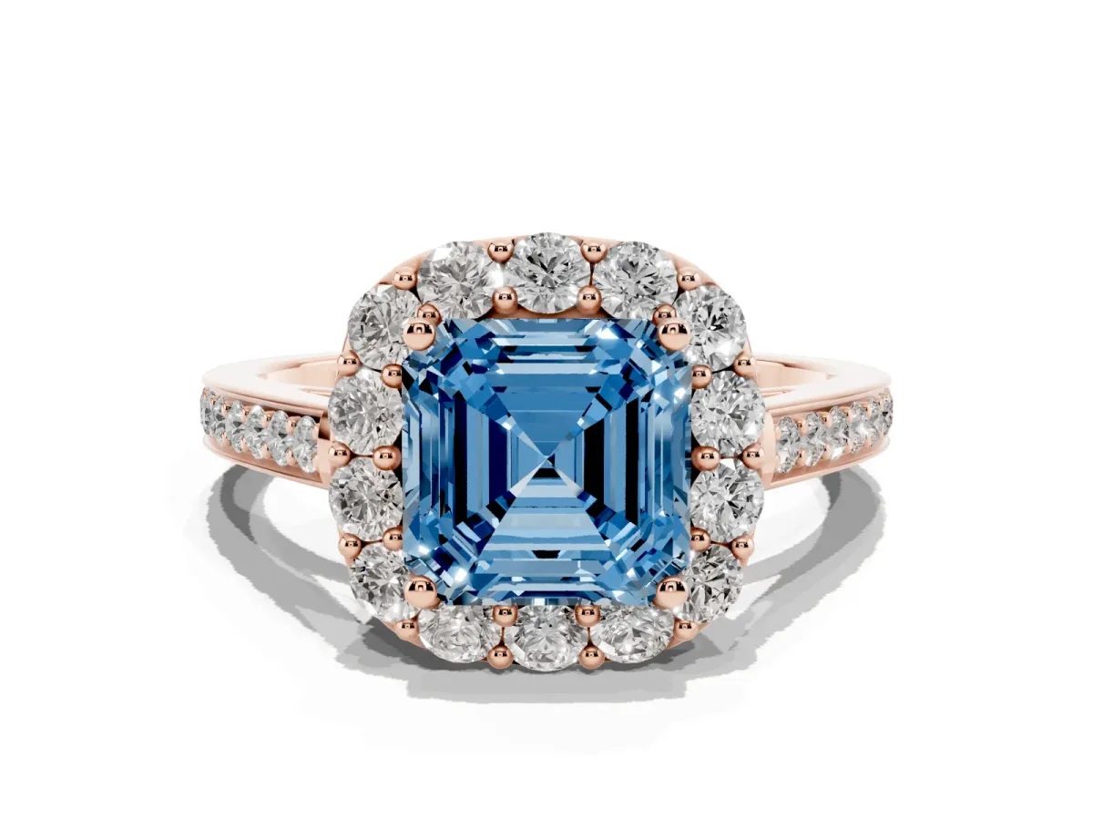 Fancy Blue Asscher Cut Diamond Floral Halo Ring with Pavé Band and Prong Setting Rose gold