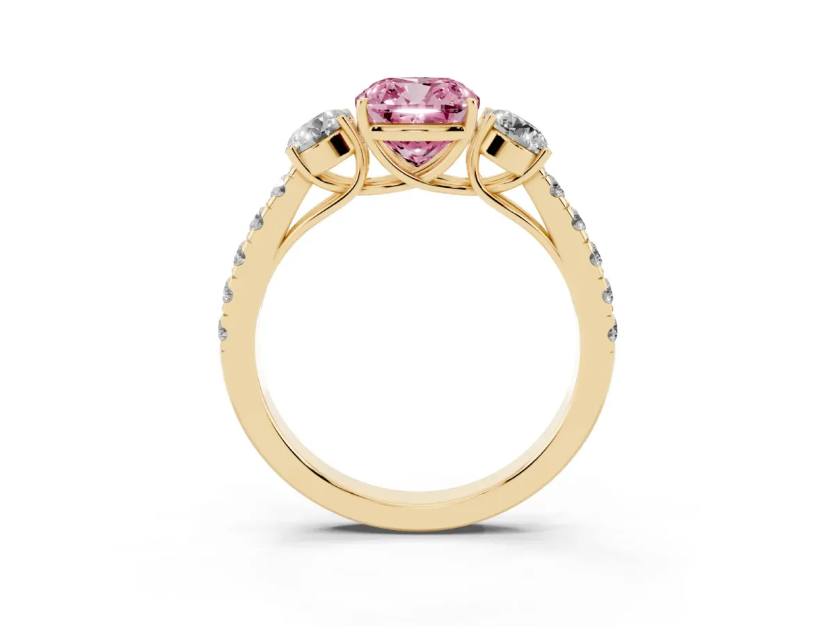 Fancy Pink Cushion Cut Cut Diamond Three-Stone Ring with Round Side Stones and Pavé Band Yellow gold