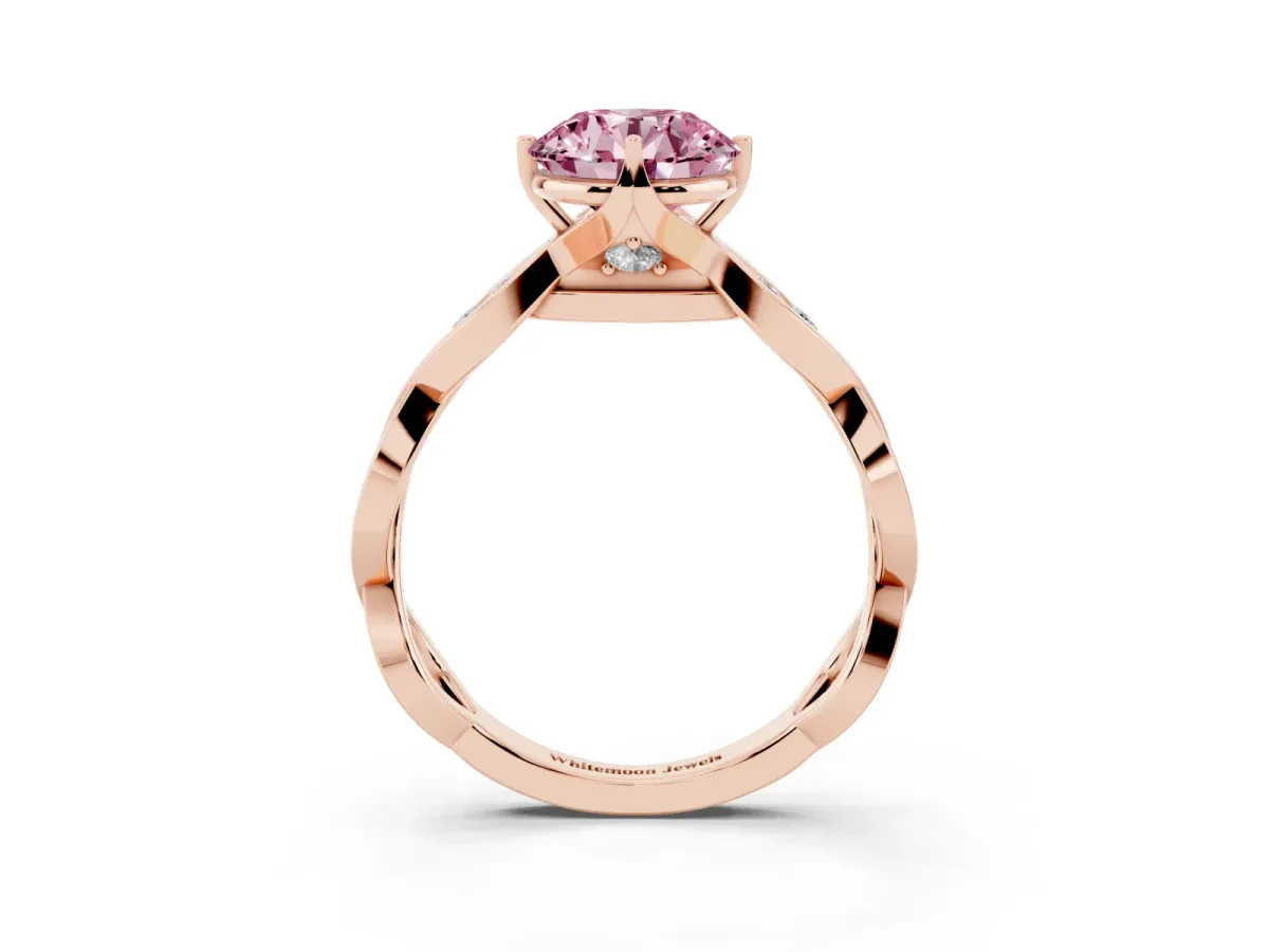 Fancy Pink Round Cut Solitaire Twist Band with Leaf Prong Setting Rose gold