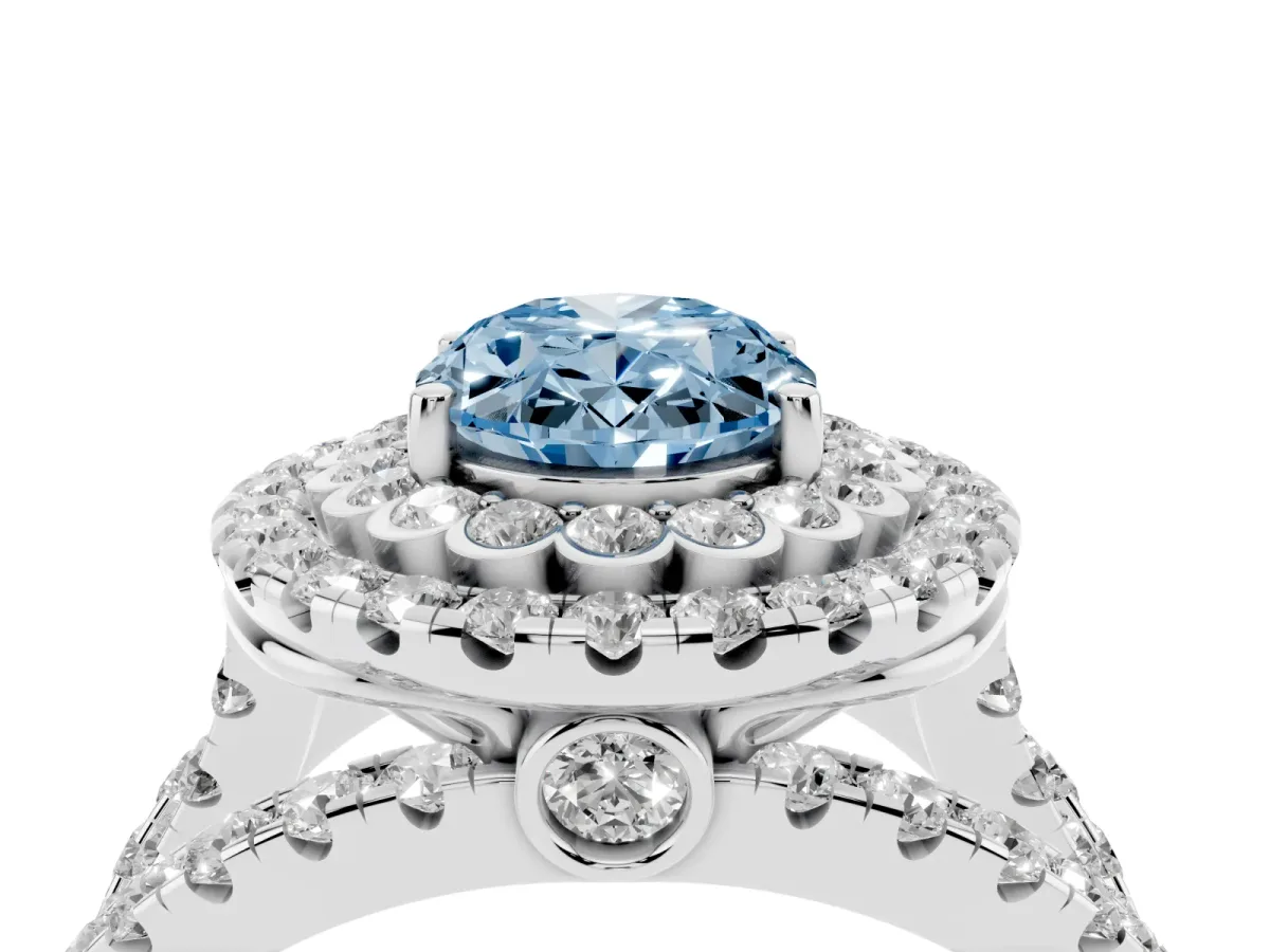 Fancy Blue Oval Cut Diamond Double Halo Ring with Round Pavé Split Shank and Prong Setting Platinum