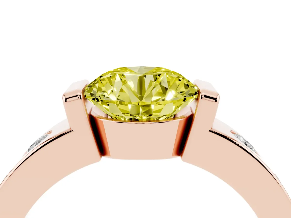 Fancy Yellow Round Cut Brilliant Channel-Set Diamond Ring with Bezel Prong Setting Rose gold