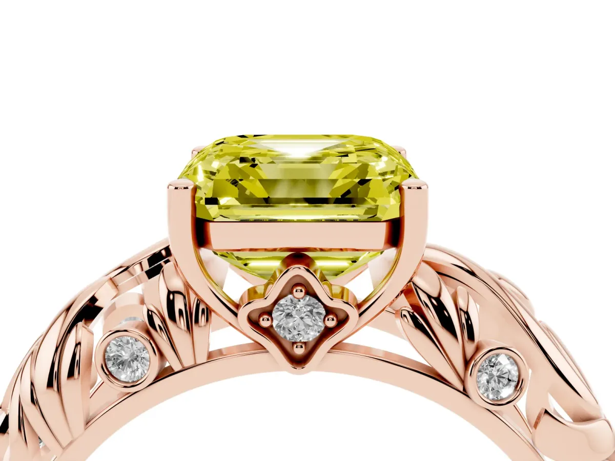 Fancy Yellow Asscher Cut Solitaire Diamond Leaf-Inspired Vine Band Ring with Prong Setting Rose gold
