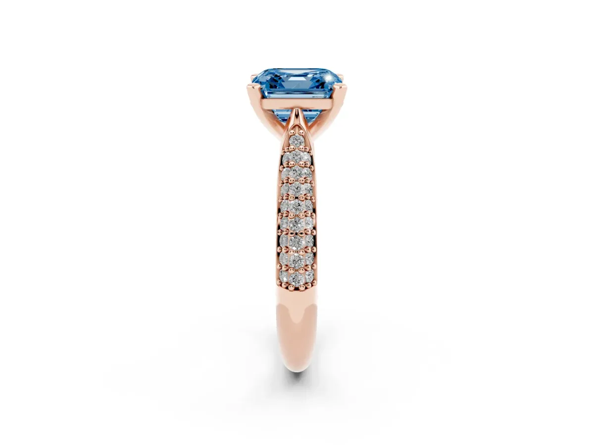 Fancy Blue Asscher Cut Diamond Solitaire Engagement Ring with Multi-Row Round Pavé Band and Prong Setting Rose gold