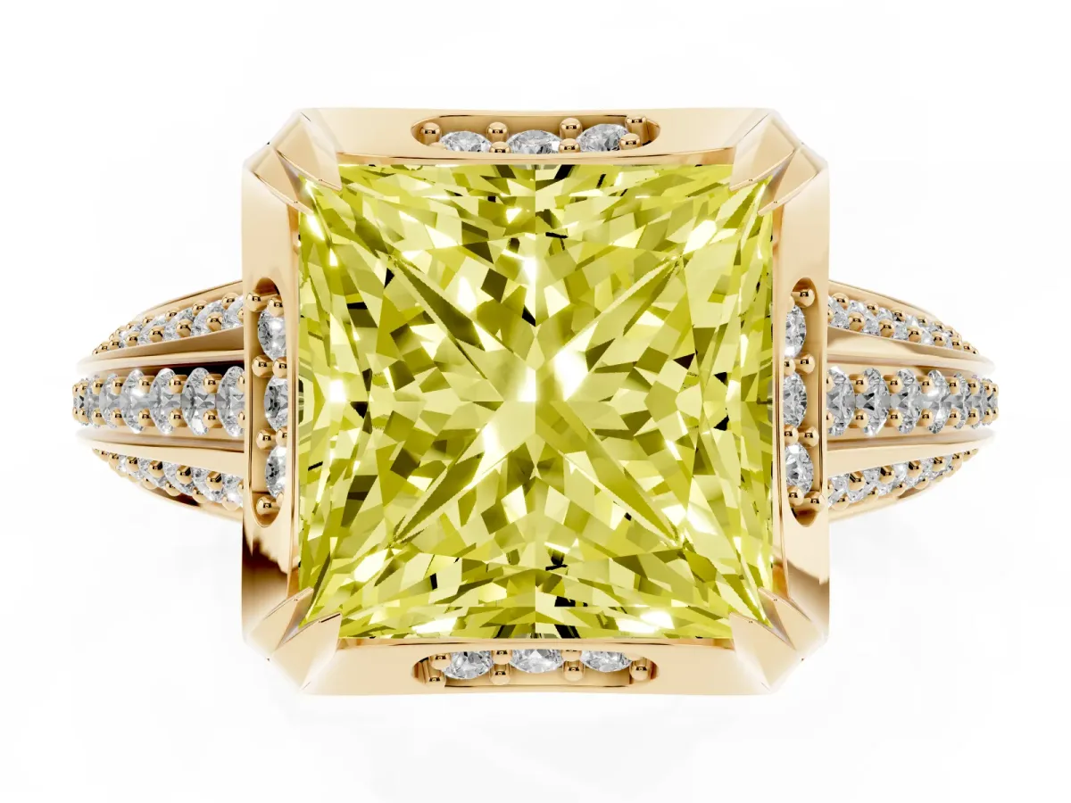 Fancy Yellow Princess Cut Solitaire Pave Split Shank Ring with Four-Prong Setting Yellow gold