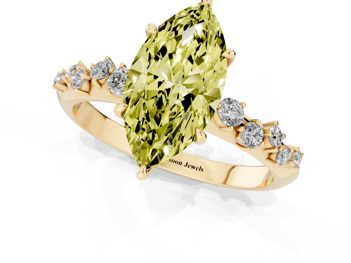 Fancy Yellow Marquise Cut Diamond Cluster Side Stone Solitaire Ring with Prong Setting Yellow gold
