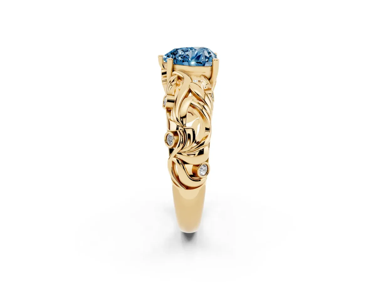 Fancy Blue Heart Cut Solitaire Diamond Leaf-Inspired Vine Band Ring with Prong Setting Yellow gold