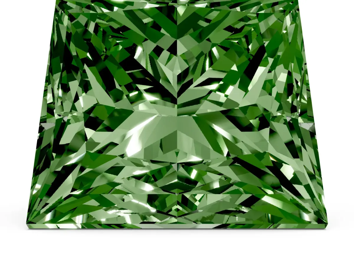 Fancy Green Princess Cut Halo Diamond Ring with Milgrain and Bezel Accents on a Split Shank Band White gold